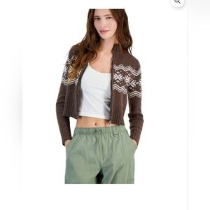 PLANET HEART Womens Fair Isle Cropped Cardigan Sweater, Gray, Juniors, Medium
